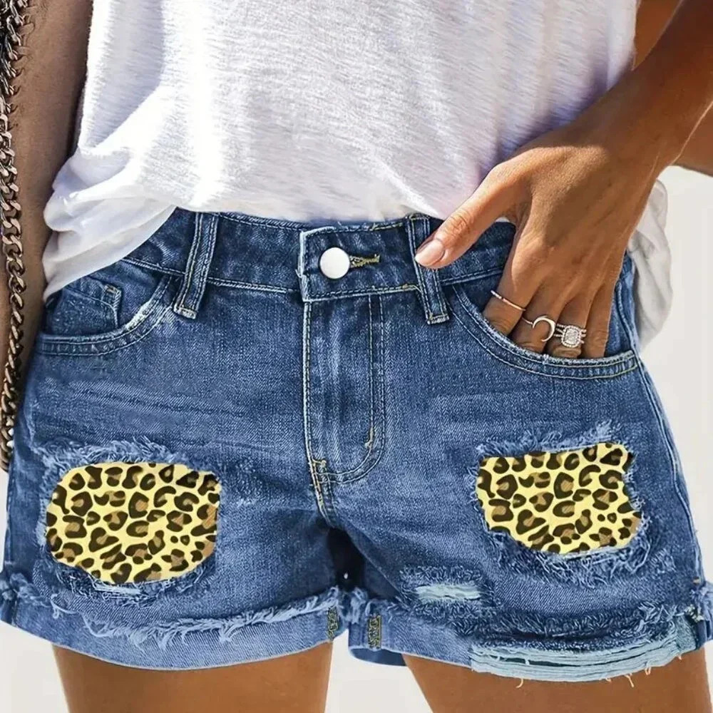 Leopard Print Patchwork Denim Shorts (Color: Medium Blue,)